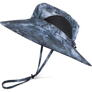 Unisex Blue Camo 100% Polyester Wide Brim Mesh Vents With Chin Strap Fishing Hat